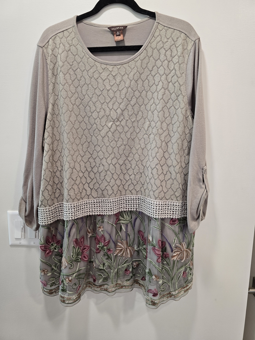 Multiples Taupe Knit Tunic with Embroidered Floral Hem